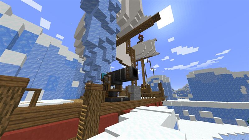 Un barco de madera con un cañón y velas blancas, navegando entre glaciares.